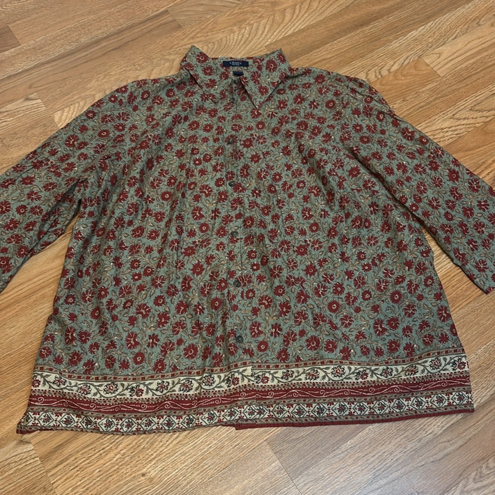 Chaps red orange and olive green floral long sleeve collared blouse. Size 2X. - Picture 7 of 17